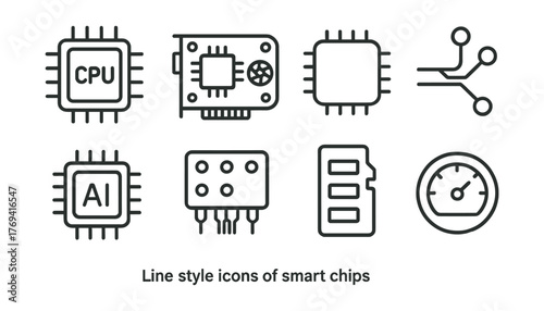 Set of computer parts and a line style icons of smart chips
