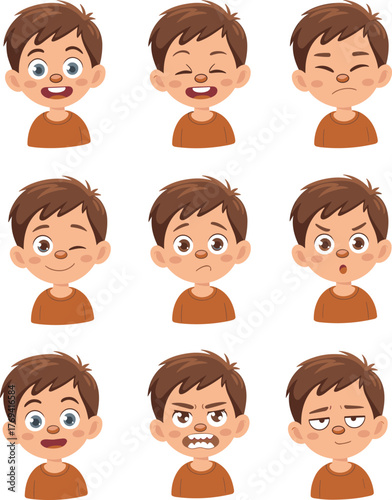 Cartoon Boy Showing Nine Facial Expressions and Emotions, Joyful Mood, One-Panel Emotional Education Vector Illustration Design