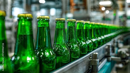 Green glass bottles on conveyor belt in modern beverage production line. Ideal for industry, manufacturing, automation, and packaging concepts.
