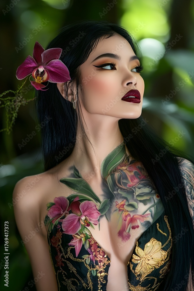 Naklejka premium High-end editorial portrait: close-up of a woman with long wavy black hair, vivid red lips and precise eyeliner with golden eyeshadow. Orchids adorn her hair; detailed floral tattoos and a lace baroqu