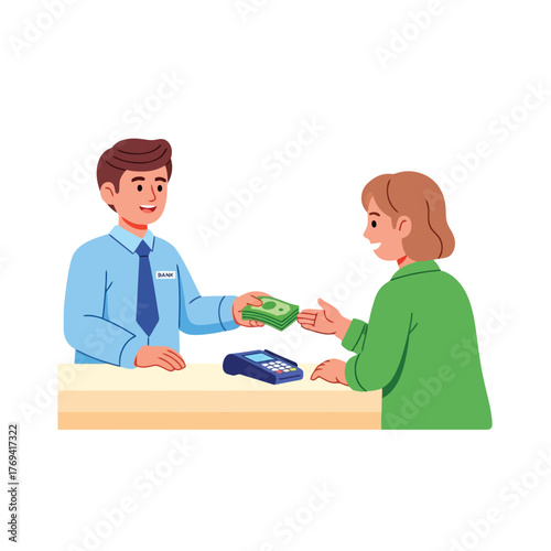 Smiling bank teller hands cash to customer at service counter easily
