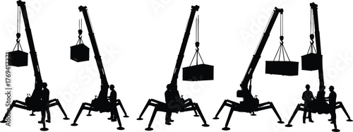 Silhouette vector illustration of spider cranes lifting loads with operators, construction site machinery, teamwork, safety, compact equipment, engineering, and industry