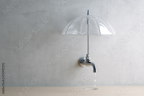 Transparent umbrella positioned upside down above metal faucet with single water droplet falling, creative concept on light wooden surface and gray wall background