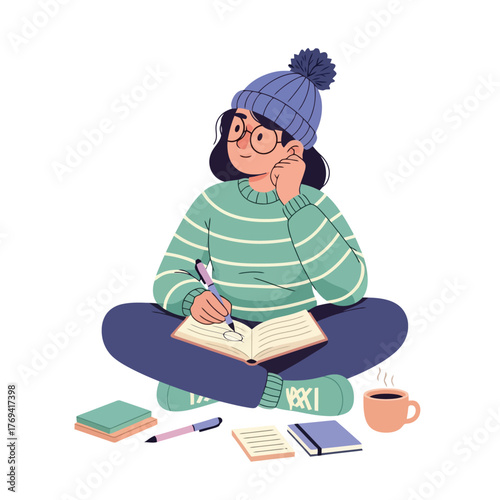 Charming student brainstorming creative writing ideas at home with coffee