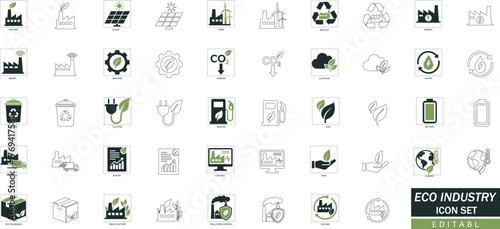  Eco Industry and Renewable Energy icon set featuring solar, wind, recycle, clean power, and sustainability concepts. Editable line vector illustration for green business and environmental design.