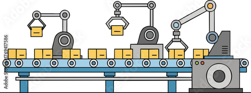 Automated Factory Production Line with Robotic Arms and Conveyor Belt isolated on white backround