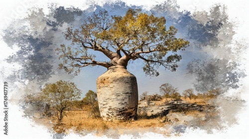 A watercolor painting depicts a large unique baobab tree in a sunny open landscape