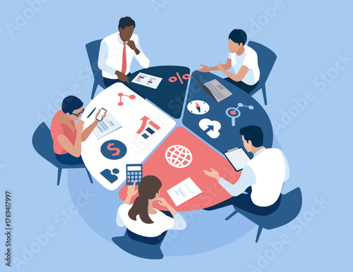 Market share. The team discusses the project around a pie chart in the shape of a table.