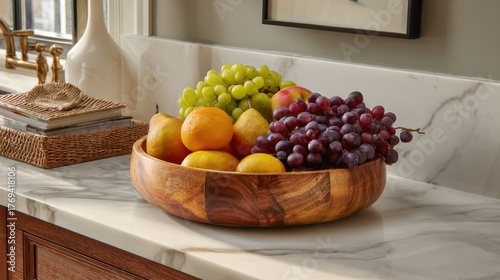 Wallpaper Mural Fresh and Colorful Fruit Arrangement in Wooden Bowl on Marble Countertop Enhancing the Beauty of Kitchen Interior Design with Various Fruits Torontodigital.ca