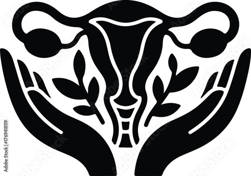 Symbol of female reproductive health and care with hands and leaves
