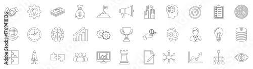 business and finance line icons. vector pictograms of gear, money, bag, goal, megaphone, mind, target, checklist, data, globe, clock, brain, chart, vision, trophy thin linear illustration.