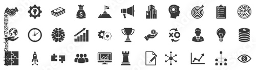 business and finance glyph icons. vector pictograms of gear, money, bag, goal, megaphone, mind, target, checklist, data, globe, clock, brain, chart, vision, trophy black sign silhouette illustration. 