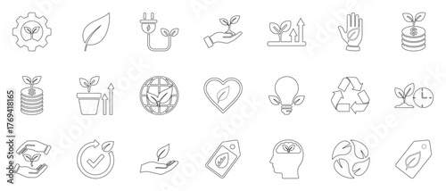 Collection of environmental and sustainability line icons. vector pictograms of gear, leaf, plug, sprout, growth, hand, money, plant, globe, heart, recycle thin linear illustration.
