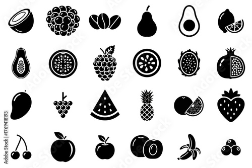 Collection of  fruit glyph icons. vector pictograms of 
coconut, pear, avocado, lemon, papaya, dragon fruit, pomegranate, mango, grapes, watermelon, orange black sign silhouette illustration.