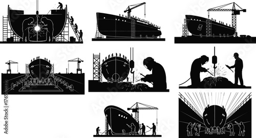 Silhouette vector illustration of shipbuilding process with workers welding, cranes, scaffolding, dry dock, teamwork, safety, repair, construction, engineering, and industry
