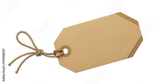 A blank, brown, octagonal paper gift tag with a string bow, isolated on a transparent background