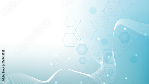 Health care or medical abstract background with hexagons, lines and dots. Scientific innovation banner template concept. Biology and pharmaceutical technology background. Vector illustration.