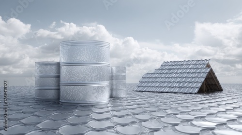 Fototapeta Naklejka Na Ścianę i Meble -  Surreal Landscape with Metallic Barrels and Roofed Structure Under a Cloudy Sky Showcasing Unique Architectural Elements and Modern Design Concepts