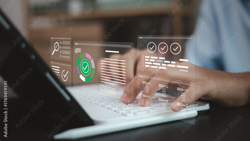 Fototapeta premium Business professional using digital dashboard with data management and workflow automation technology