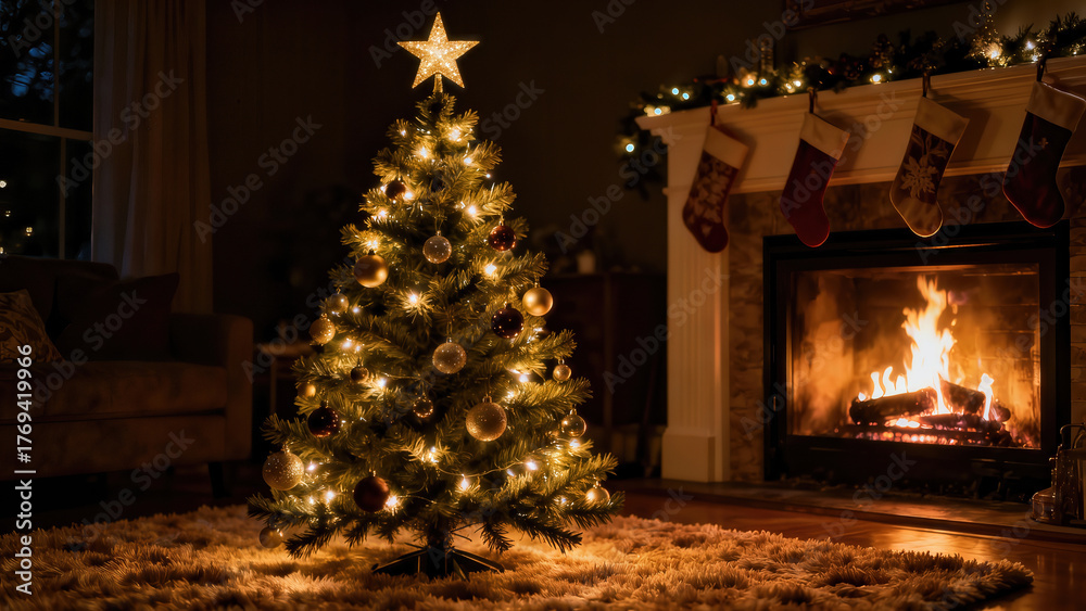Fototapeta premium Warm holiday evening with a beautifully decorated Christmas tree beside a cozy fireplace and festive stockings hanging