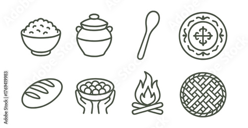 Variety of food items, including a bowl of rice, a bowl of soup