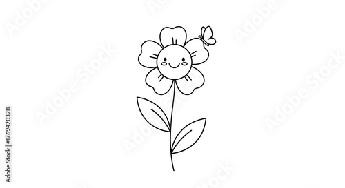 Cute Flower with Butterfly - A Simple and Charming Line Art Illustration.