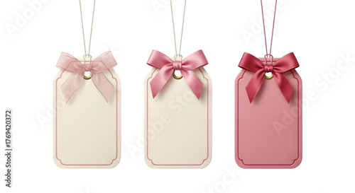 Three blank gift tags with pink bows, isolated on transparent background