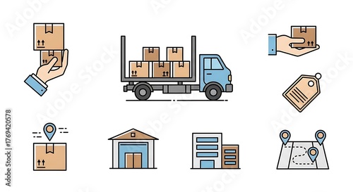 Delivery Service Icons - Logistics, Shipping, and Transportation Elements.