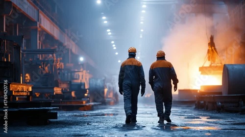 Industrial Stroll: Two diligent workers navigate the industrial landscape, embodying strength and dedication. The heat radiates around them, an ode to the industry's dynamism.