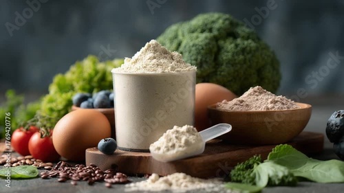 Nutrient Powerhouse: A nutritional still life showcases the essence of a balanced diet, a symphony of organic ingredients. Including protein powder, eggs, berries, vegetables and grains.