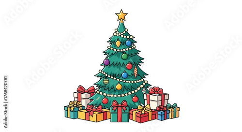 Illustration vector of a festive Christmas tree adorned with ornaments and surrounded by wrapped presents.