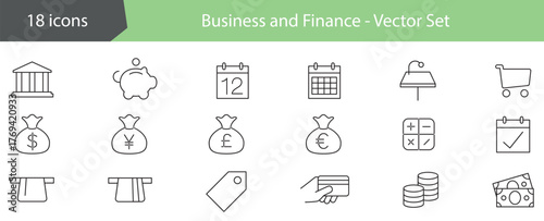 Business and Finance web icons in line style. Icons Business Office Finance Marketing Shopping SEO Contact.