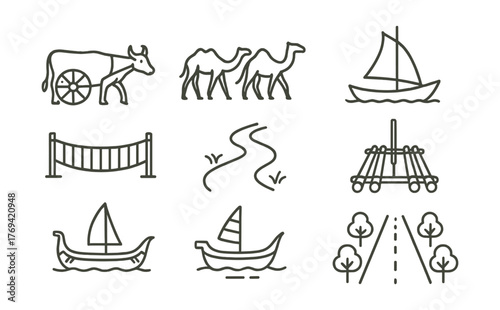 Set of icons depicting various modes of transportation, including boats, cars