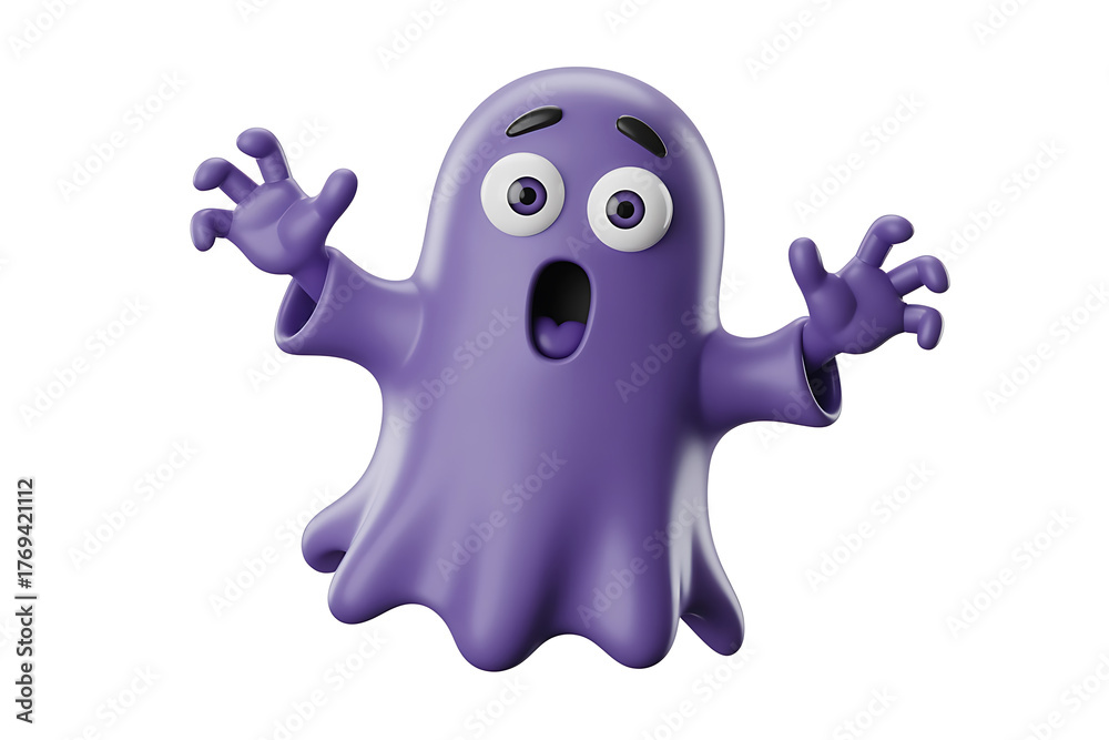 Fototapeta premium A whimsical purple ghost with wide eyes and outstretched arms expresses playful surprise.
