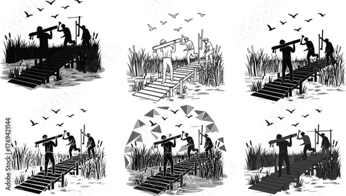 Silhouette vector illustration of two people on wooden dock carrying crossbeam with birds, marsh, teamwork, assistance, ritual, symbolic, and nature