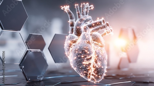 Digitally rendered human heart displayed with glowing network against abstract background