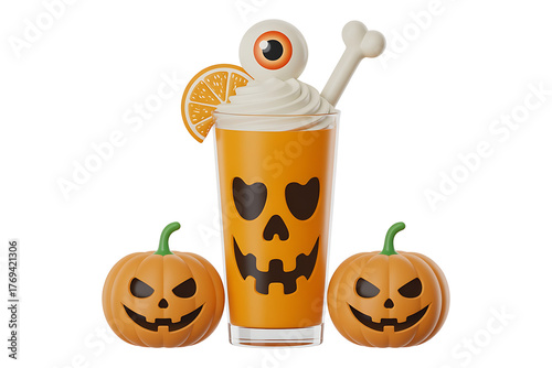Spooky Halloween beverage with orange slices, eyeball, bone, pumpkins, and whipped cream.
