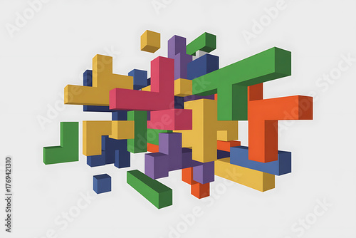 Colorful wooden blocks create a dynamic, abstract explosion of shapes and vibrant hues.