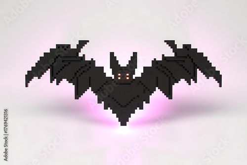 Stylized black bat with glowing eyes, pixelated design, hovering with a soft pink aura.