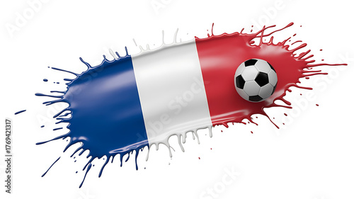 French flag bursts with vibrant color, incorporating a soccer ball, representing national pride and sport.