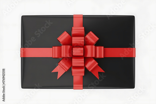 Elegant black gift box adorned with a vibrant red ribbon and bow, signifying celebration and surprise.