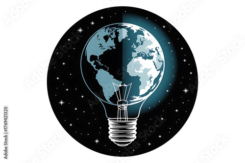 Earth globe depicted inside a lightbulb, set against a starry night sky, symbolizing innovation.