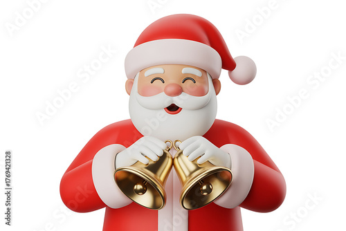 Festive figure in red suit holds golden bells, conveying holiday cheer and joyful celebration.