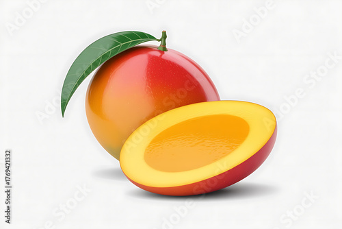 Ripe, juicy mango with vibrant orange flesh and a green leaf, showcasing tropical sweetness.