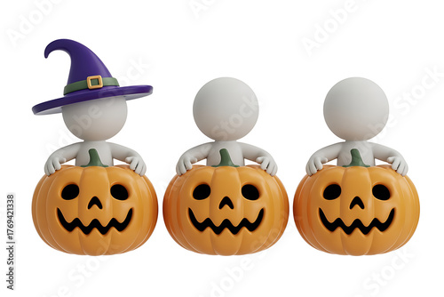 Three figures in Halloween costumes playfully pose with carved pumpkins, celebrating spooky festivities.