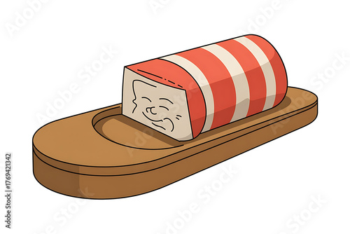 A whimsical, smiling cake rests on a wooden platter, showcasing a playful, dessert-like creation.