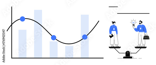 Line graph with data points and bars alongside two individuals exchanging ideas on a balance scale. Ideal for analytics, teamwork, innovation, decision-making, equality, leadership, simple flat