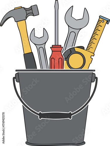 Collection of Essential Hand Tools in a Work Bucket isolated on white backround