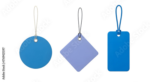 Three blank blue tags of different shapes, a circle, a square, and a rectangle, hanging from strings and isolated on a transparent background