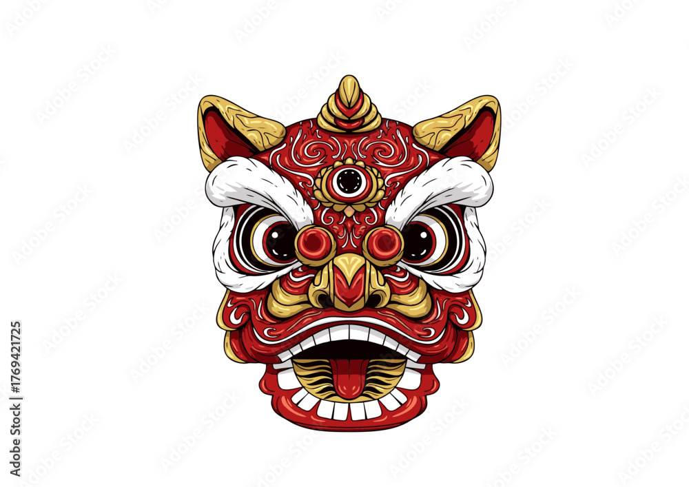 Obraz premium Detailed Cartoonish Lion Dance Head Traditional Chinese Culture Celebration Illustration